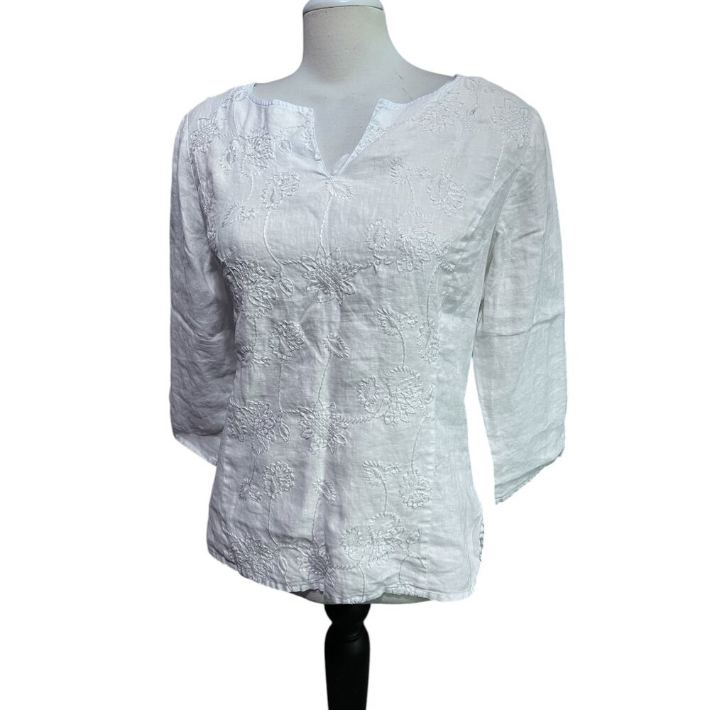 Saint Tropez Floral Embroidered Linen Long Sleeve Blouse Sz Large White 100% Lin